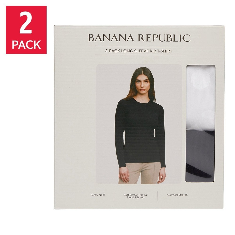 Banana Republic Women's 2-Pack Long Sleeve Rib T-Shirt, Black/White, Size Small